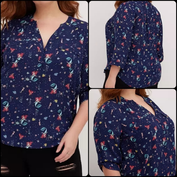 New 3x Disney The Little Mermaid Harper Blouse  Georgette Ariel & Flounder Navy - Picture 2 of 13